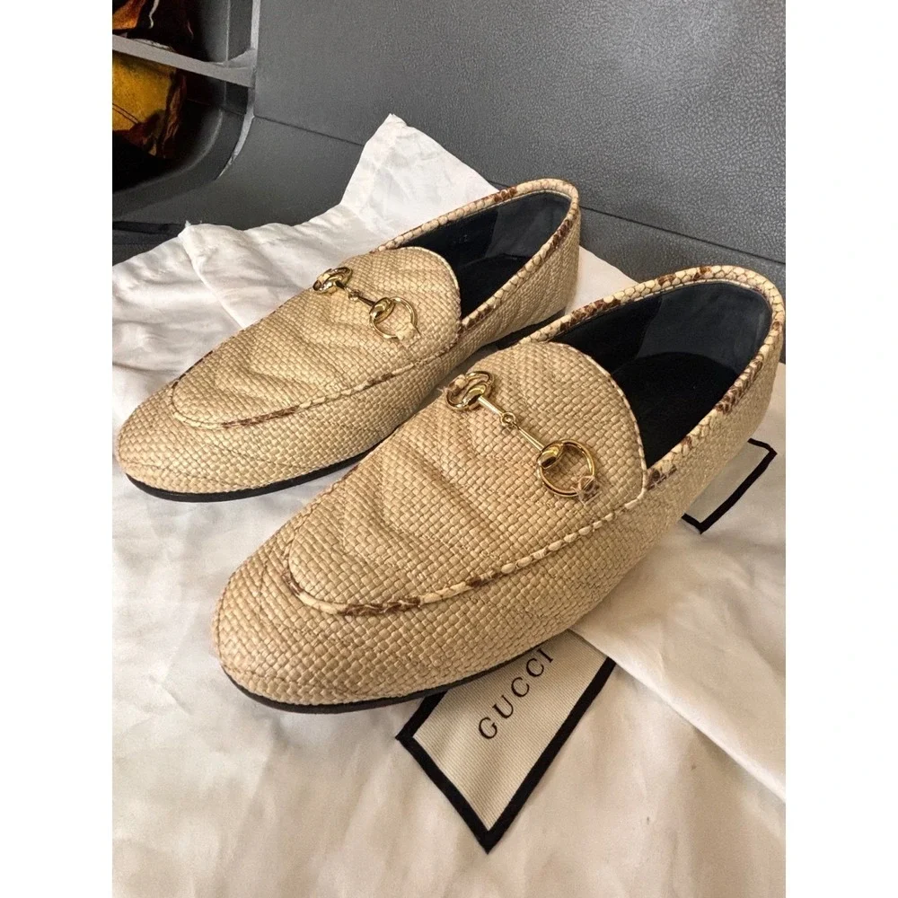 Gucci Jordaan Quilted‎ Raffia Horsebit Loafers 36.5